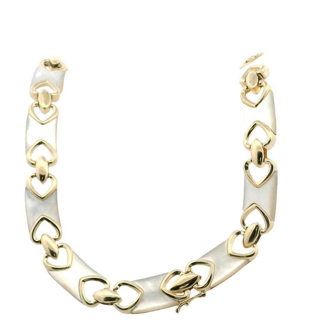 Estate 14K Yellow Gold Oval Blue Topaz & Mother of Pearl Link Necklace
