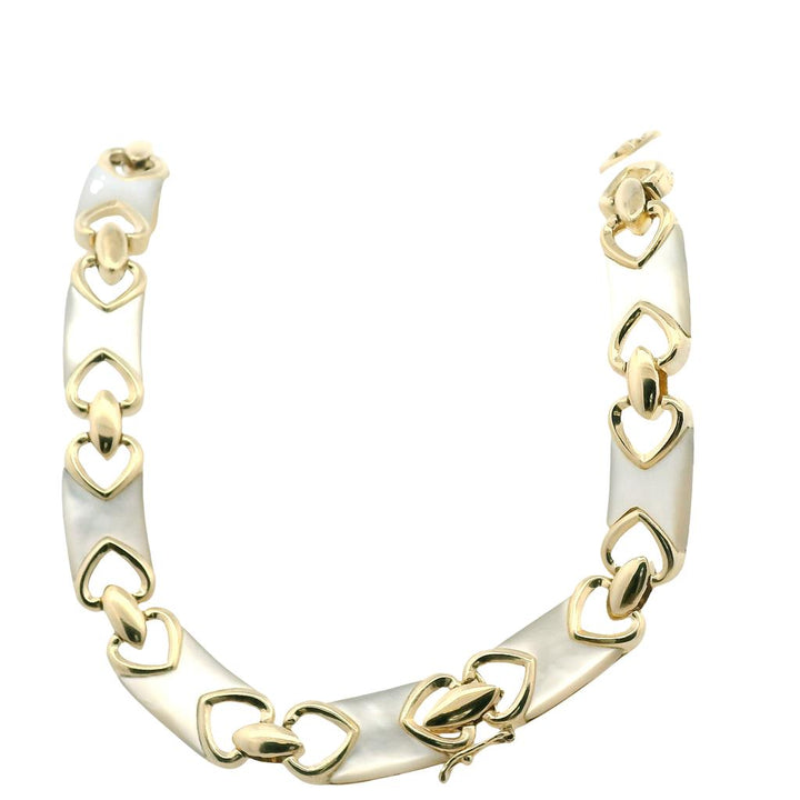 Estate 14K Yellow Gold Oval Blue Topaz & Mother of Pearl Link Necklace