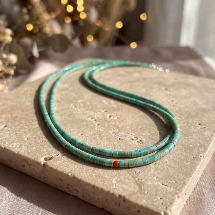 Estate Navajo RmR Signed Sterling Silver Green Turquoise Double Strand Beaded Necklace