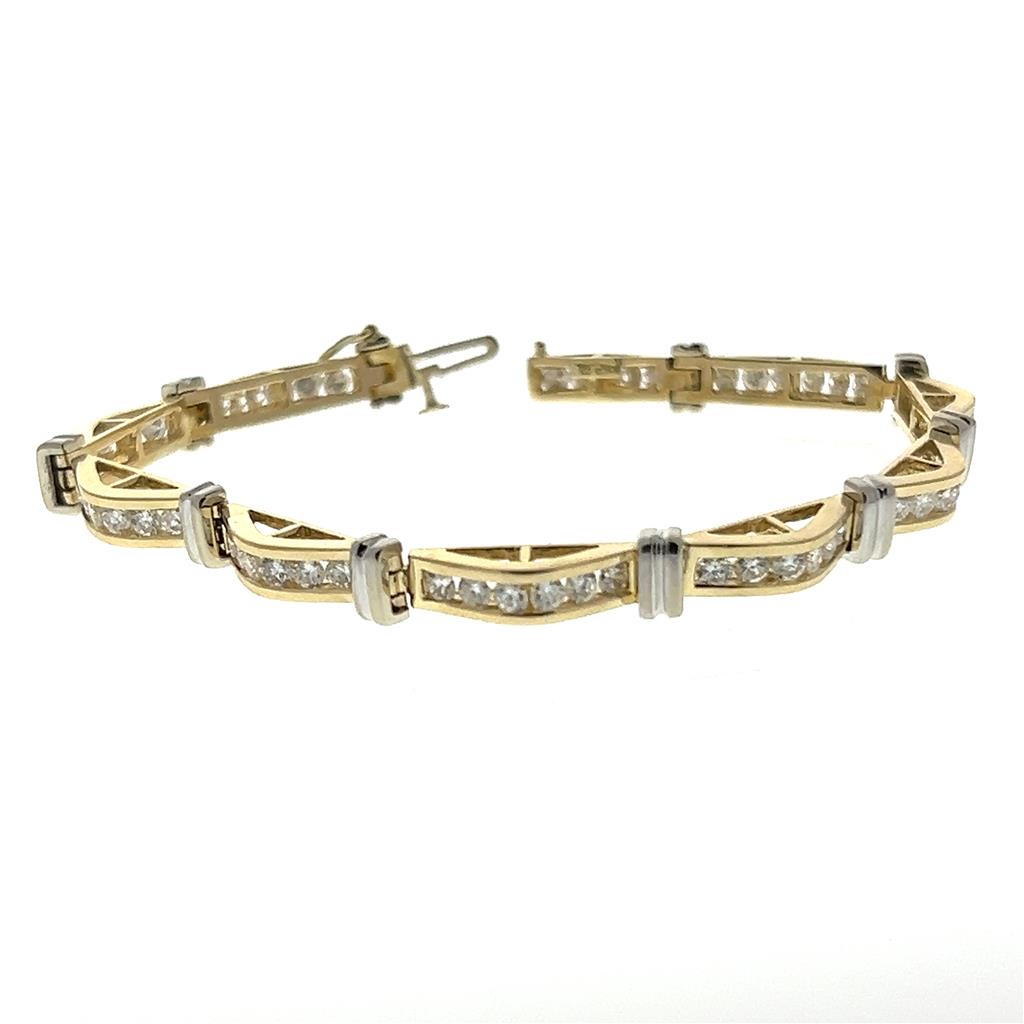 Estate 14K Two Tone Gold 3.09ctw Round Diamond Wave Link Bracelet