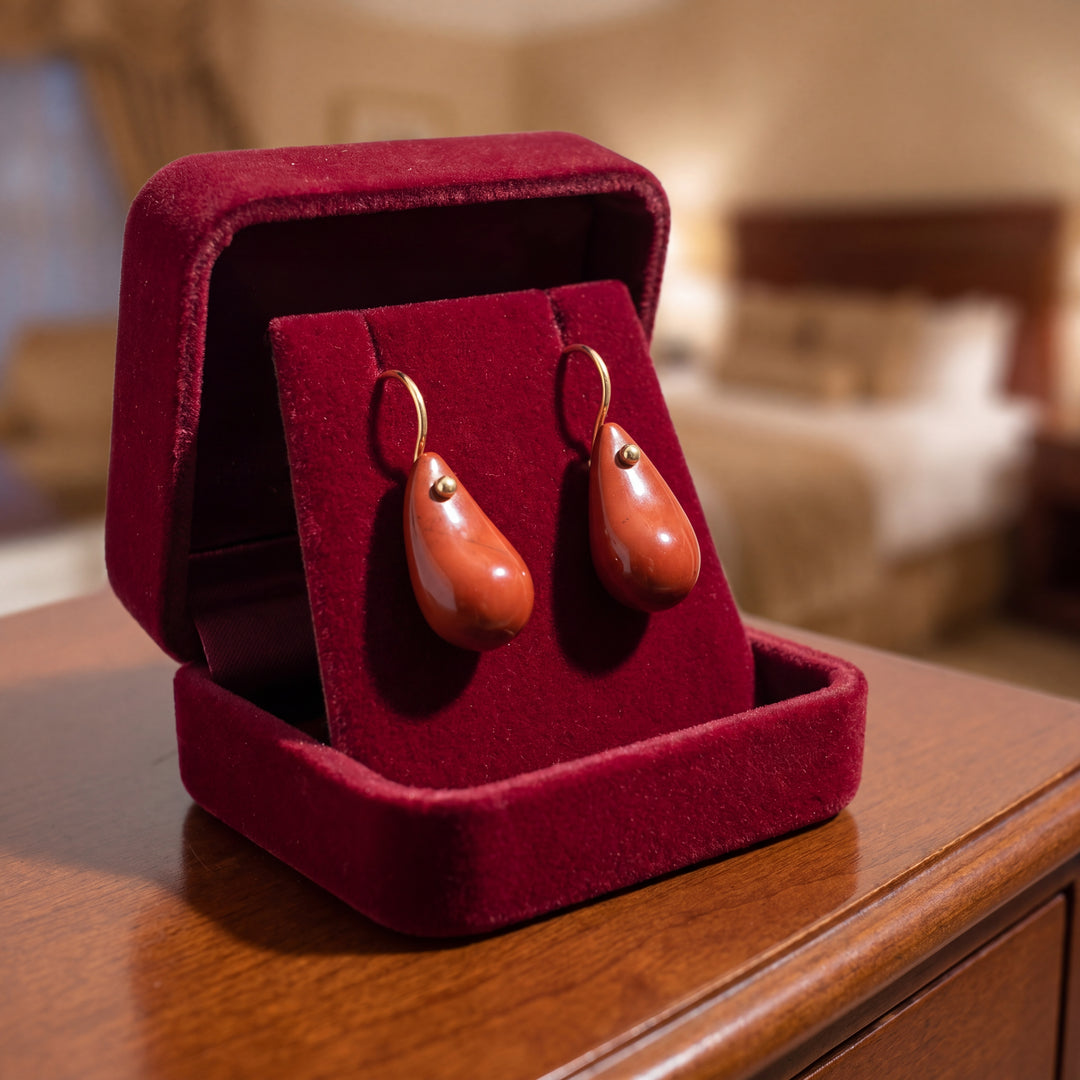 Estate 14K Yellow Gold Orangish-Red Agate Teardrop Earrings