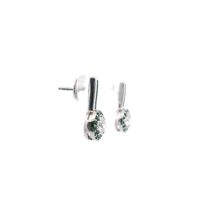 Estate 14K White Gold 1.33ctw Diamond & Emerald Halo Drop Earrings