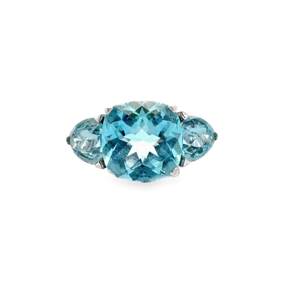 Estate Sterling Silver 12.60CTW Cushion & Trillion Blue Topaz Three Stone Ring
