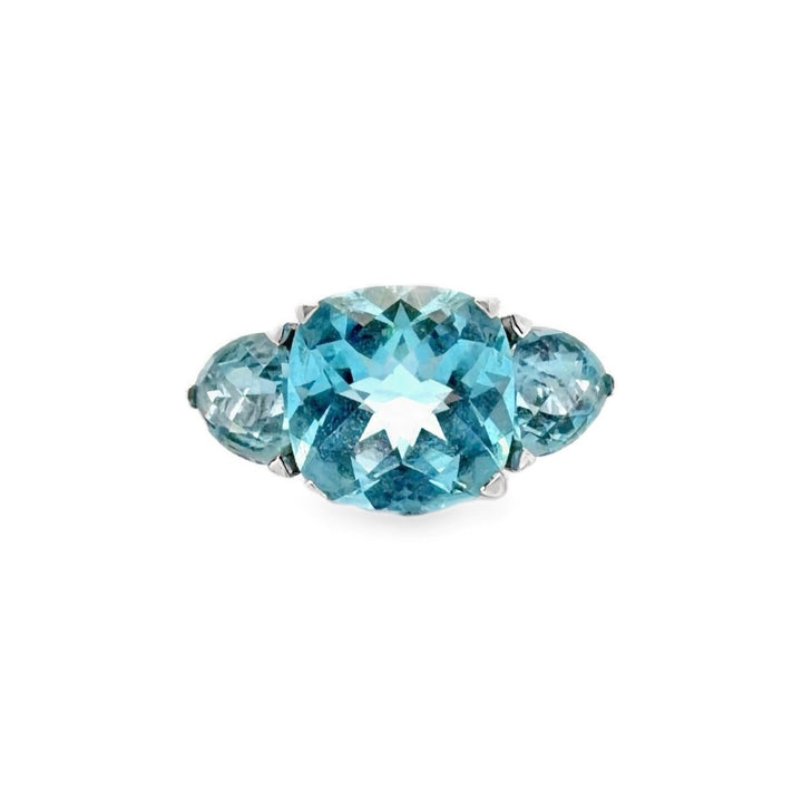 Estate Sterling Silver 12.60CTW Cushion & Trillion Blue Topaz Three Stone Ring
