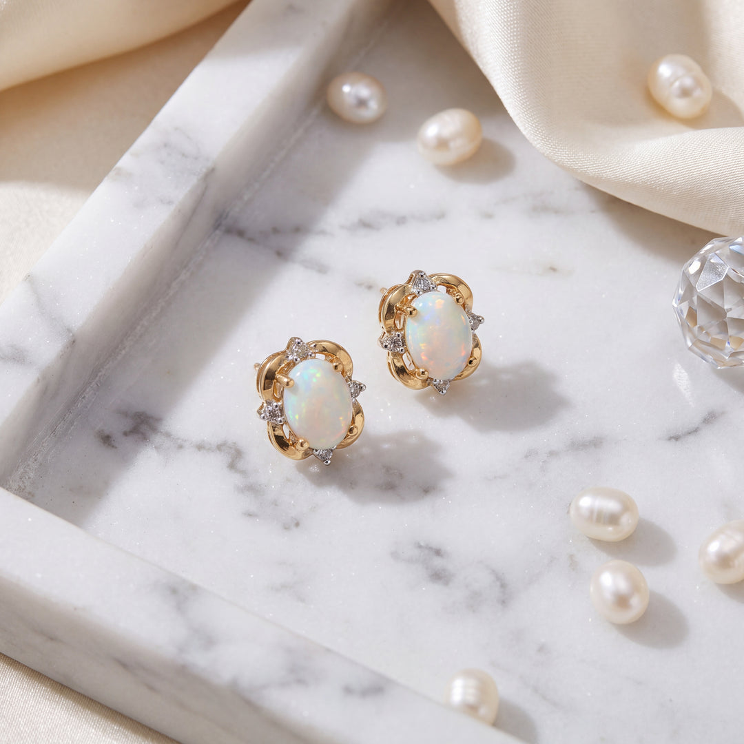 Estate 14K Yellow Gold 1.06CTW Oval Opal & Diamond Stud Earrings