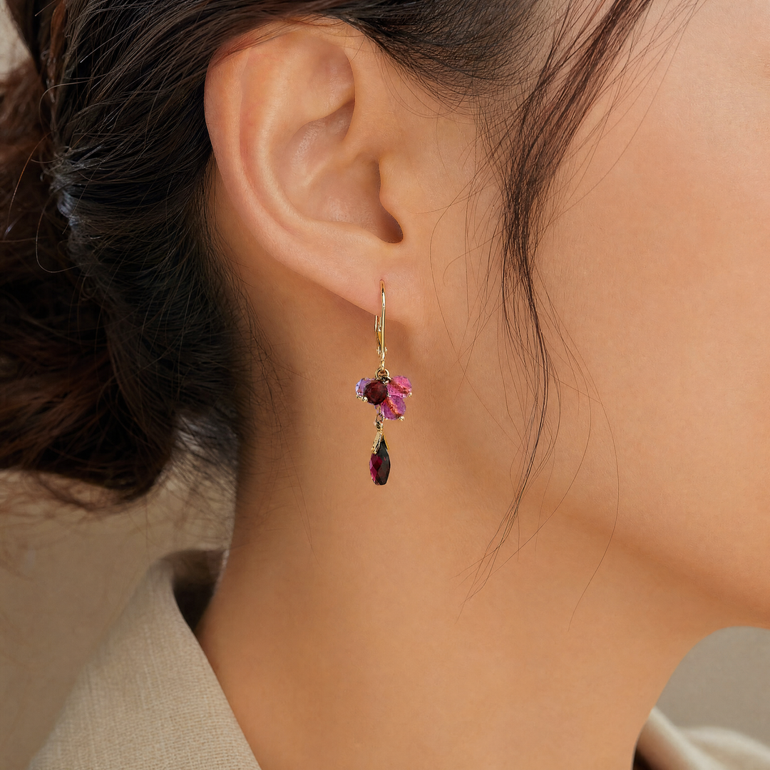 Estate 14K Yellow Gold Pink Tourmaline, Amethyst & Garnet Bead Cluster Dangle Earrings