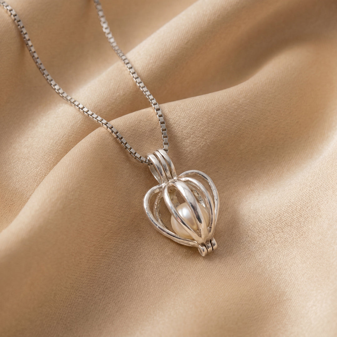 Estate Sterling Silver Round Pearl Heart Cage Pendant Necklace