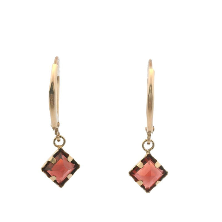 Estate 14K Yellow Gold Garnet Drop Earrings - Square Cut