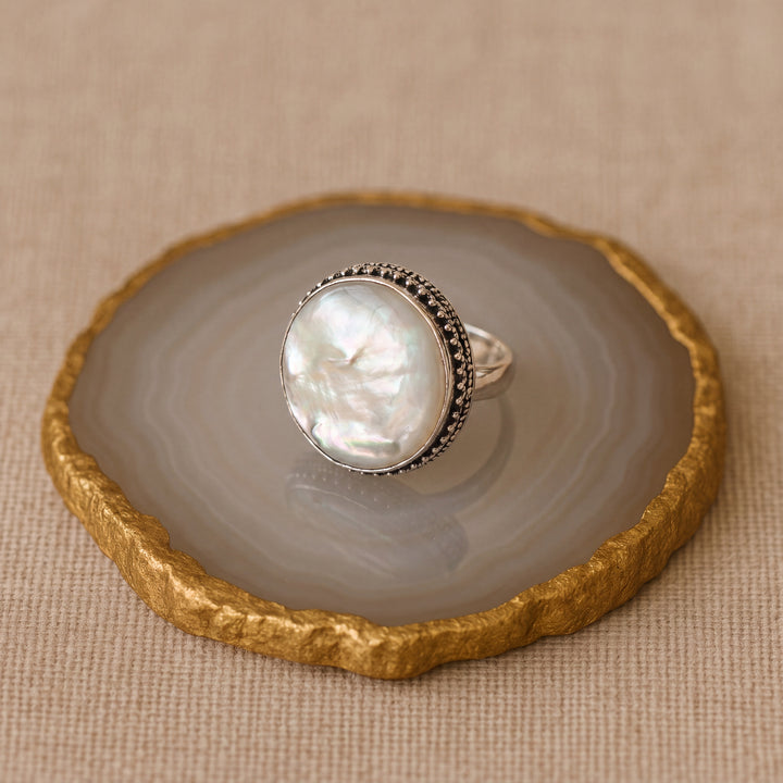 Estate Sterling Silver 20MM Round Cabochon Mother of Pearl Filigree Ring