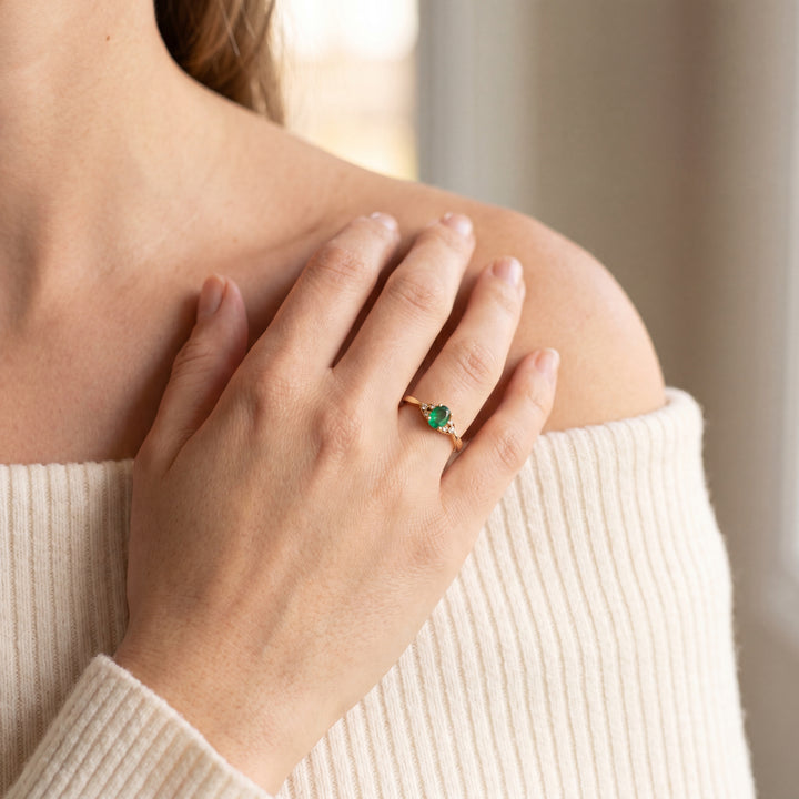 Estate 14K Yellow Gold Oval Emerald & Diamond Ring