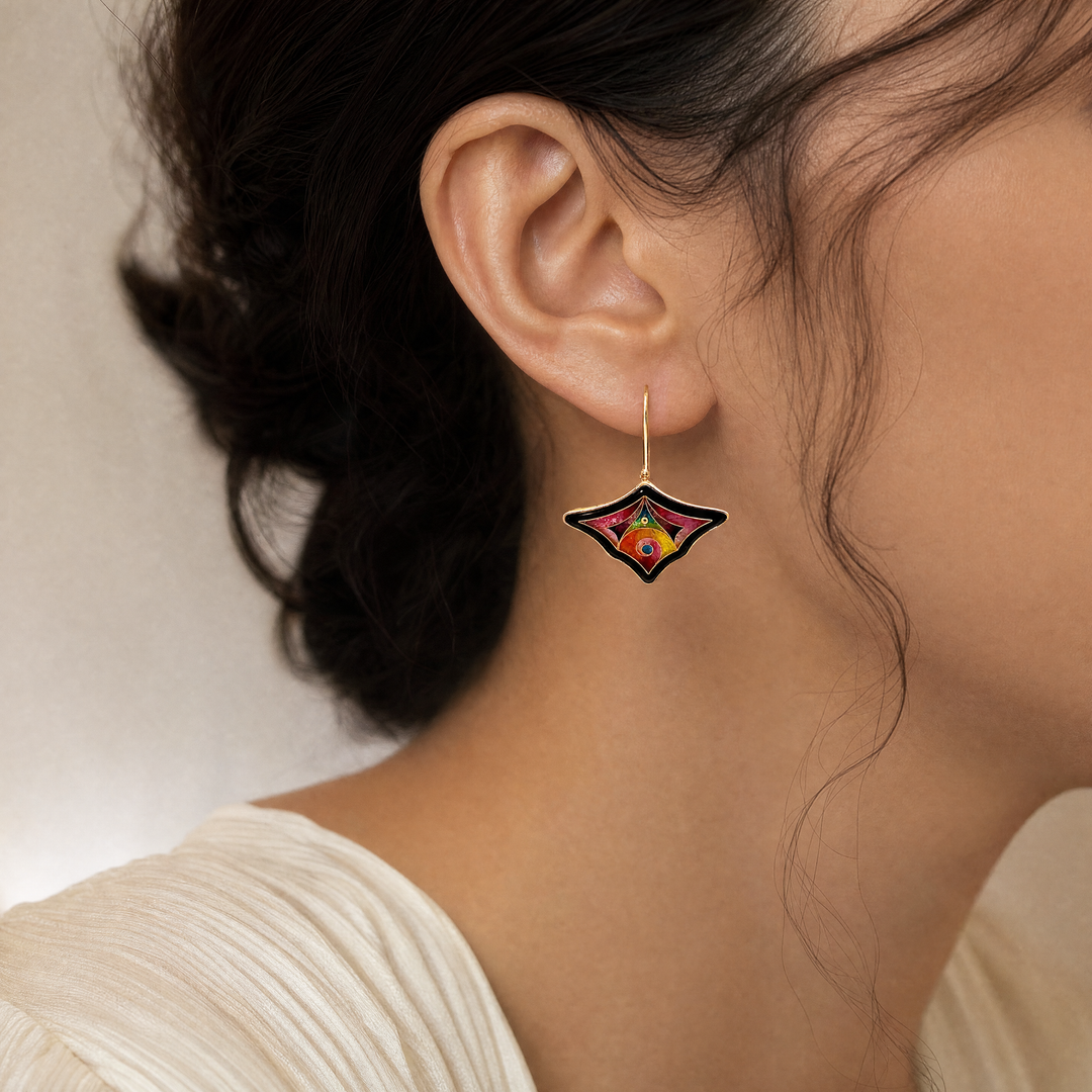 18K Yellow Gold & Sterling Silver Falcher Fusager "Magick" Triangular Enamel Earrings
