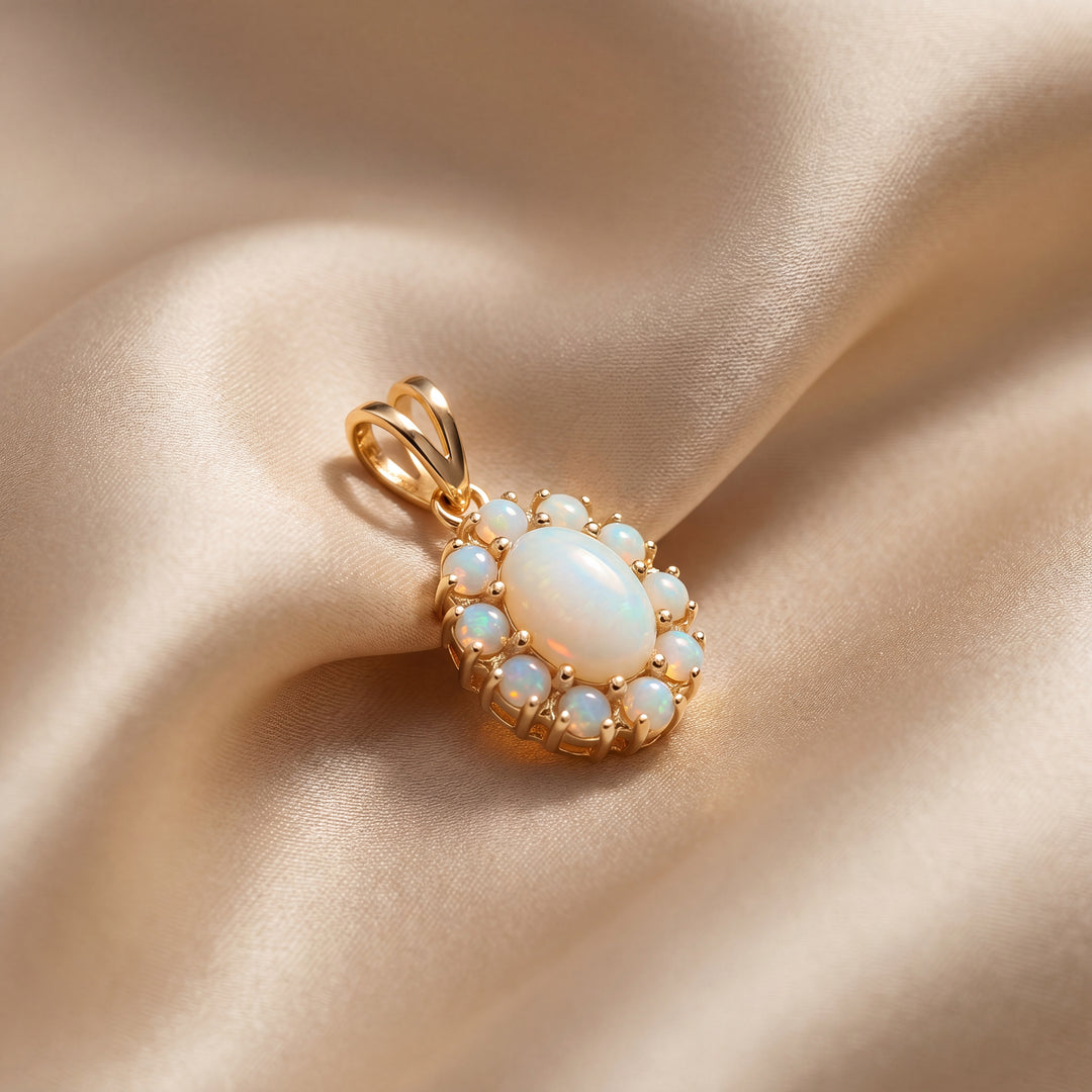 Estate 14K Yellow Gold Oval & Round Cabochon Opal Halo Pendant