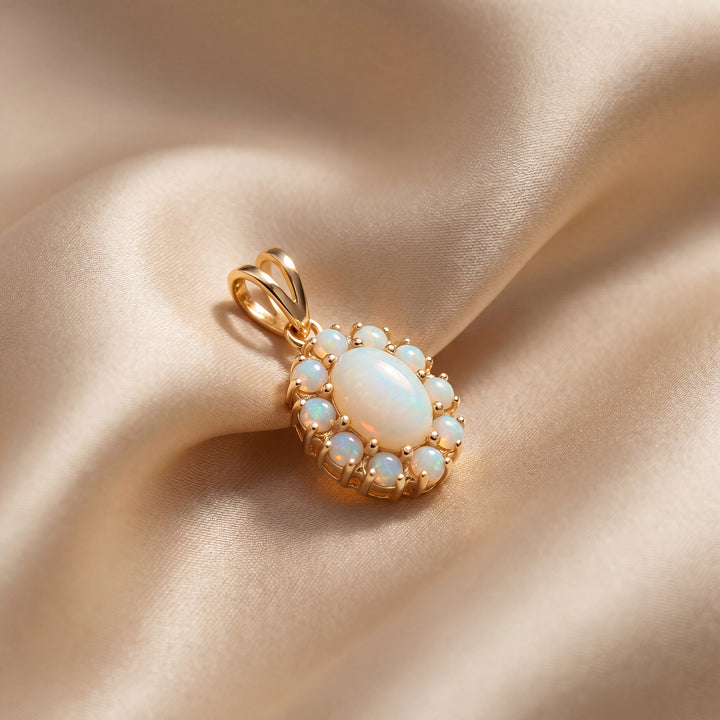 Estate 14K Yellow Gold Oval & Round Cabochon Opal Halo Pendant