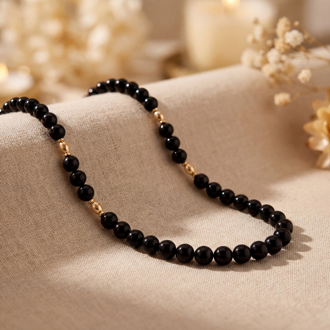 Estate 14K Yellow Gold 1980s Black Onyx Bead Necklace