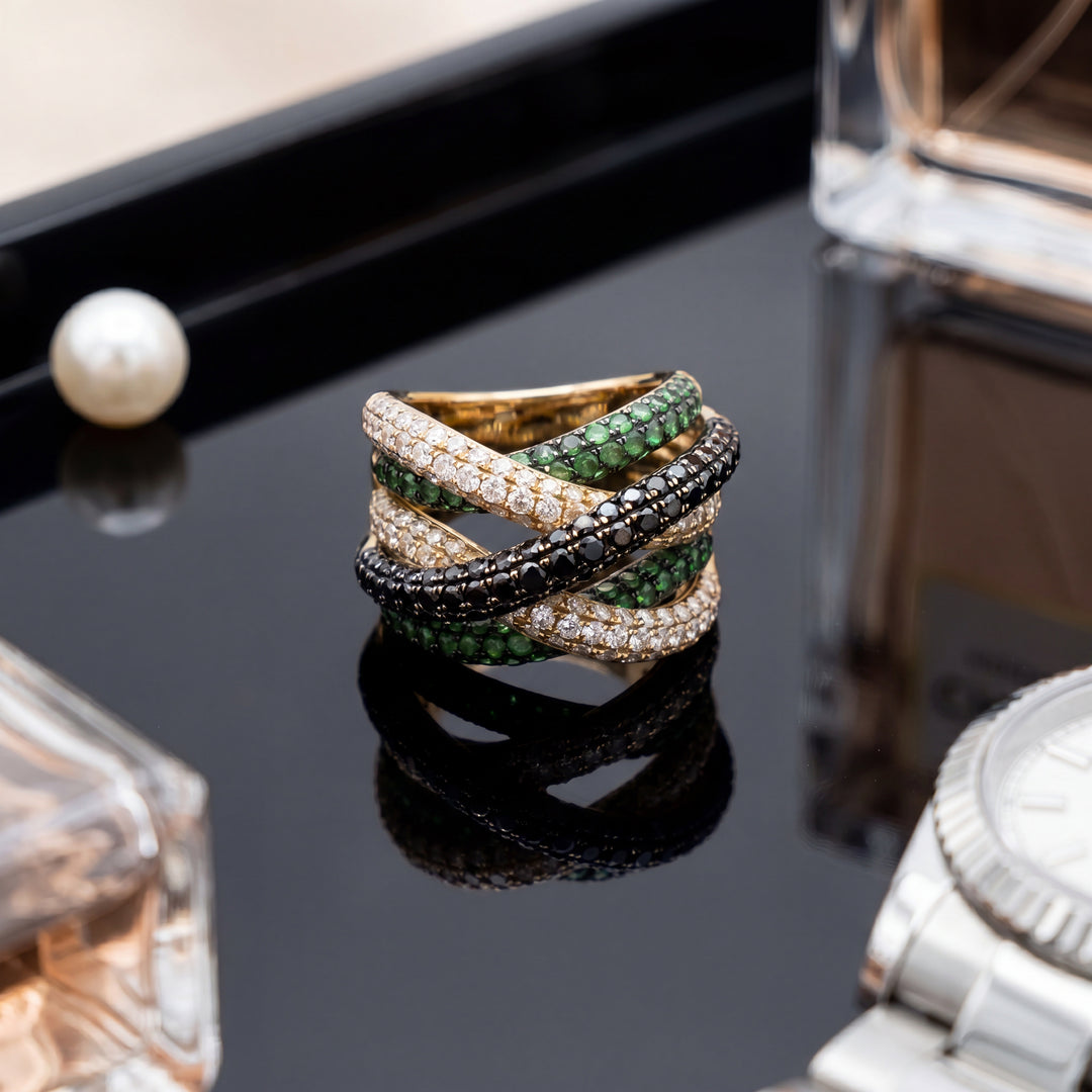 Estate 14K Yellow Gold Black & White Diamond & Tsavorite Garnet Pavé Crossover Ring