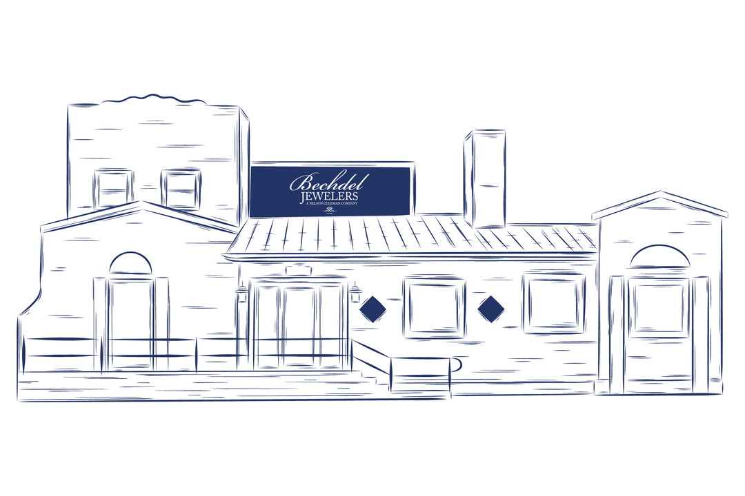 A sketch of the Bechdel storefront in blue with a white background