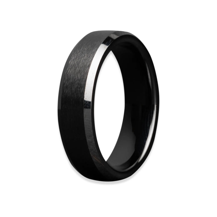 Black Ceramic Men's Wedding Band with satin center and polished edges