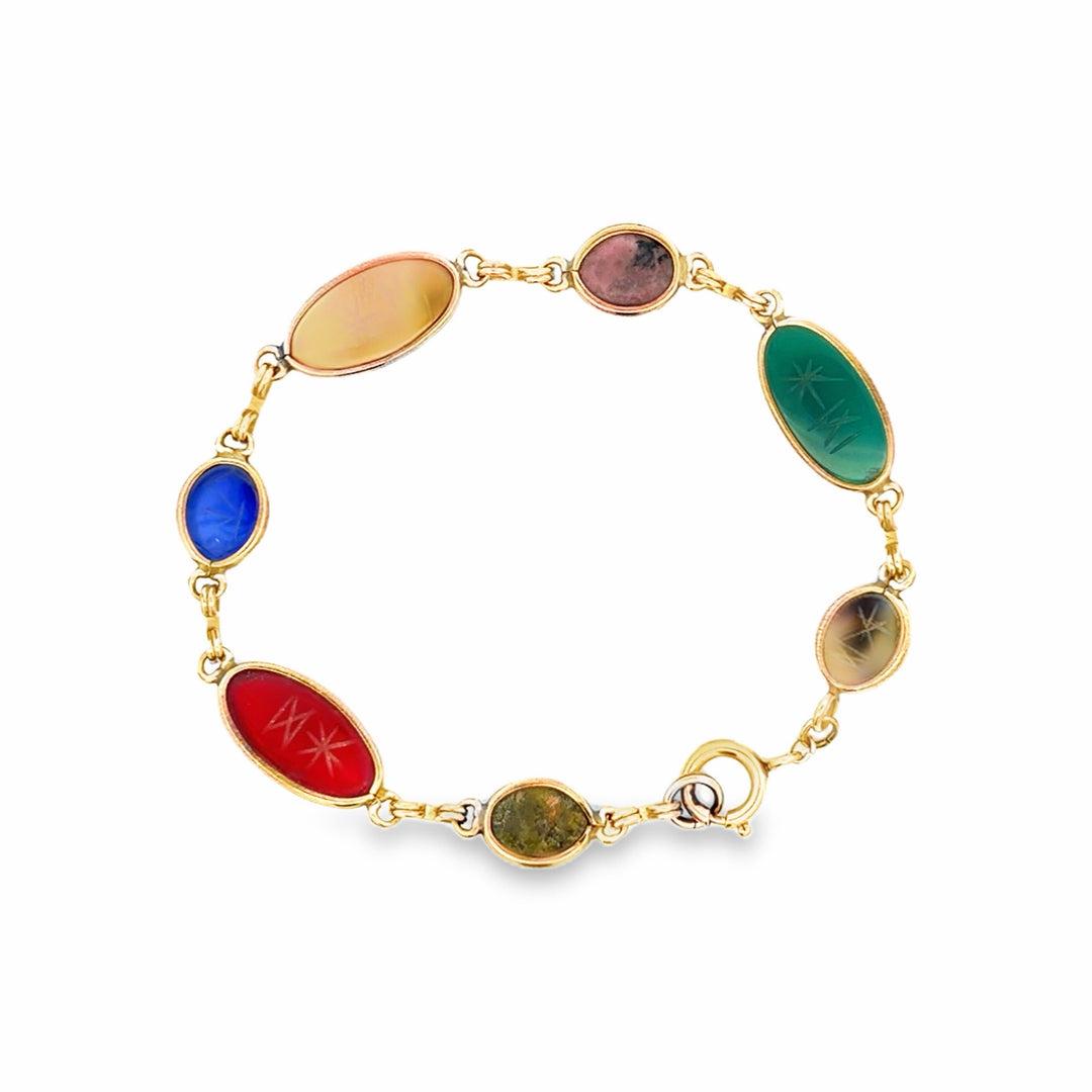 Estate Gold Filled Multi-Gemstone Carved Scarab Bracelet 8"