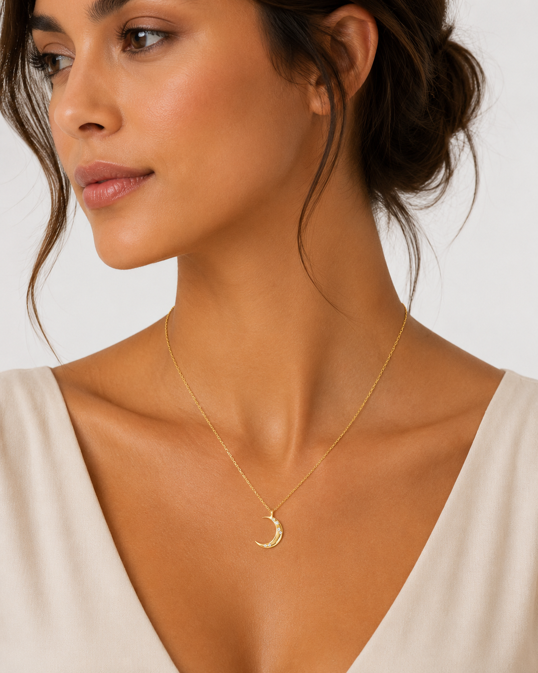 14K Yellow Gold Filled Cubic Zirconia Crescent Moon Pendant Necklace