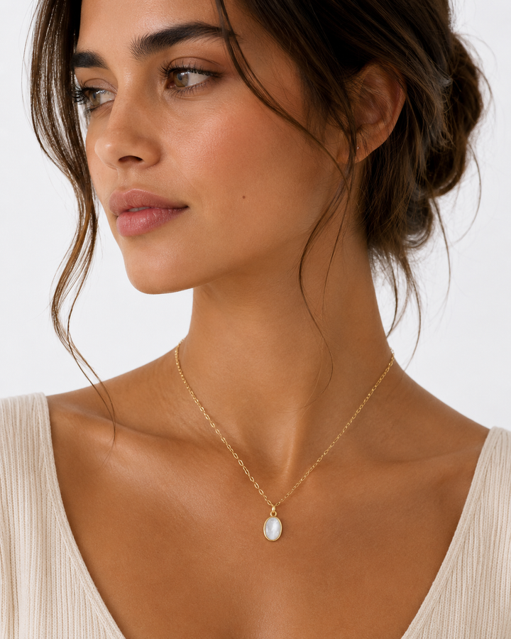 14K Yellow Gold Filled Oval Mother of Pearl Pendant Necklace