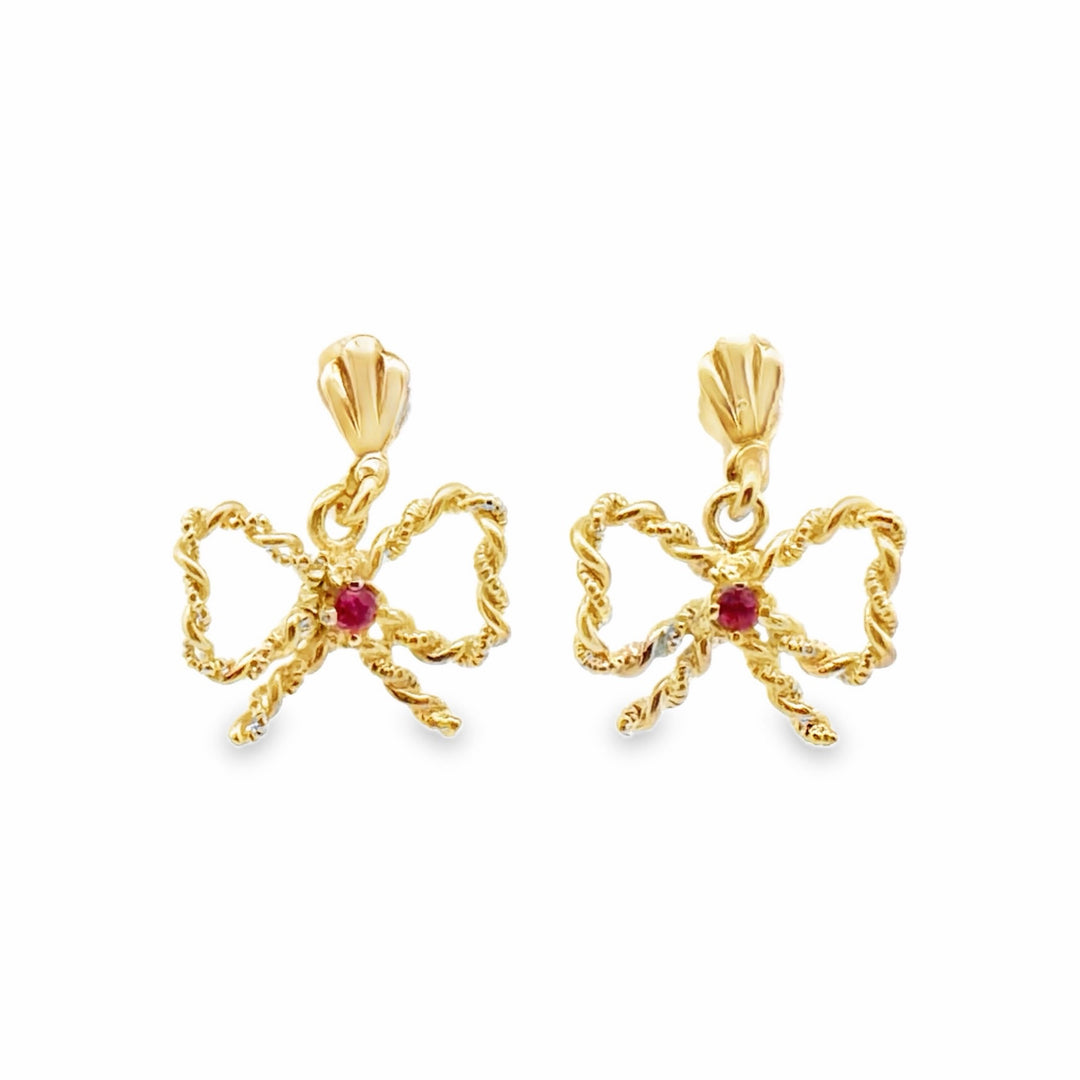 Estate 10K Yellow Gold 0.08CTW Ruby Bow Drop Earrings
