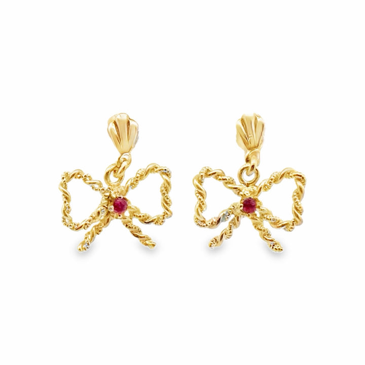 Estate 10K Yellow Gold 0.08CTW Ruby Bow Drop Earrings