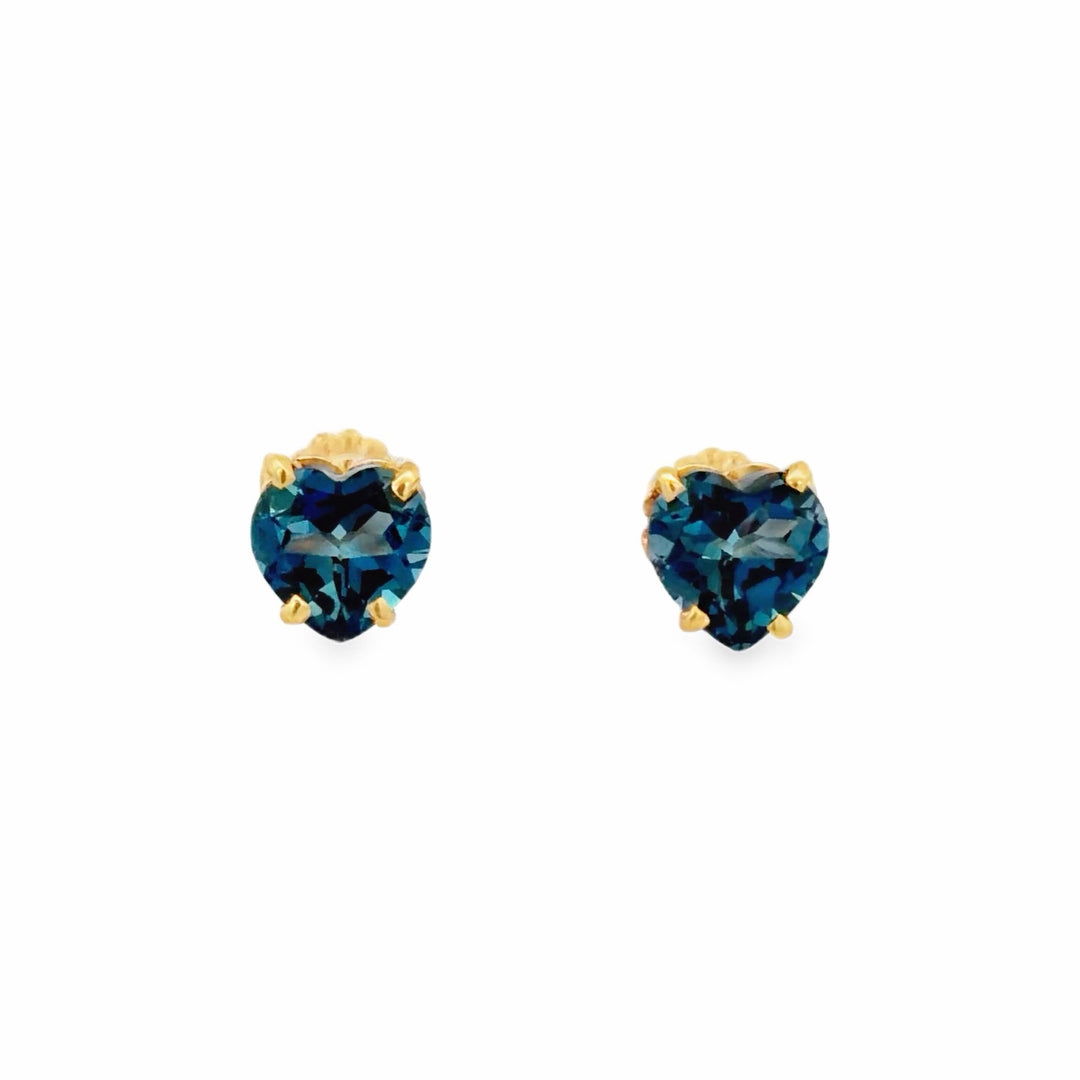 Estate 14K Yellow Gold Heart Shape London Blue Topaz Stud Earrings 4.60CT TWT