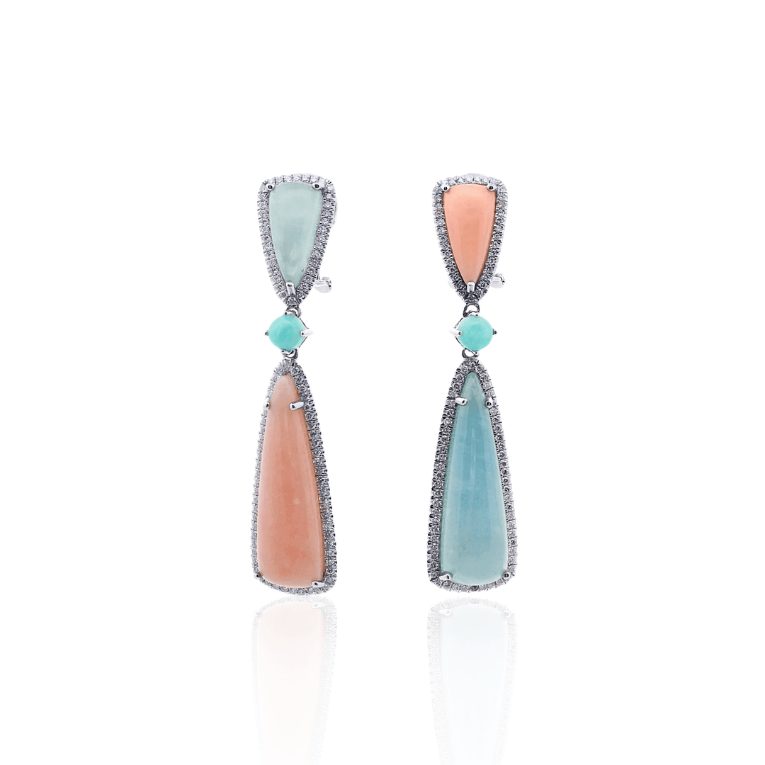 14K White Gold 7.96CTW Aquamarine, Pink Opal & Diamond Halo Drop Earrings by Bellarri