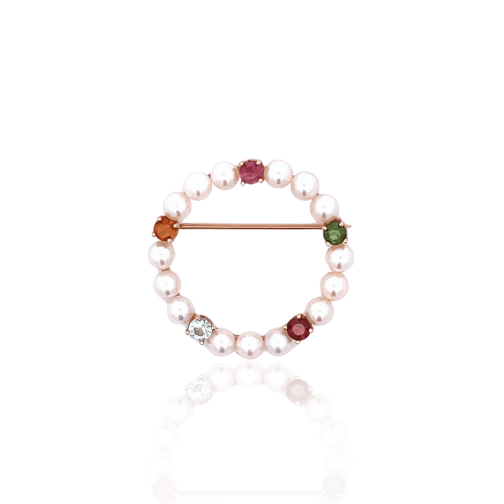 Estate 14K Yellow Gold 1.21CTW Multi-Gemstone & Pearl Vintage Brooch