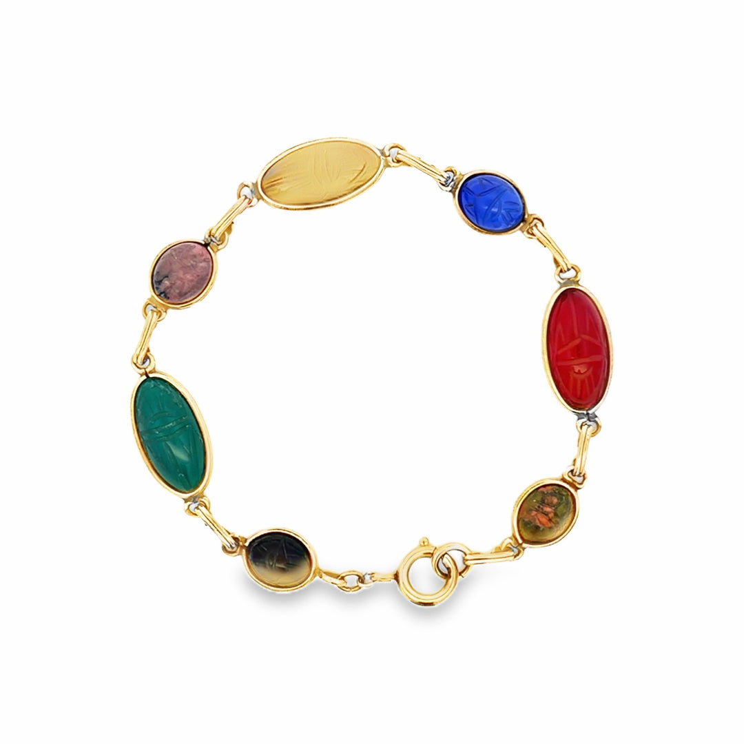 Estate Gold Filled Multi-Gemstone Carved Scarab Bracelet 8"