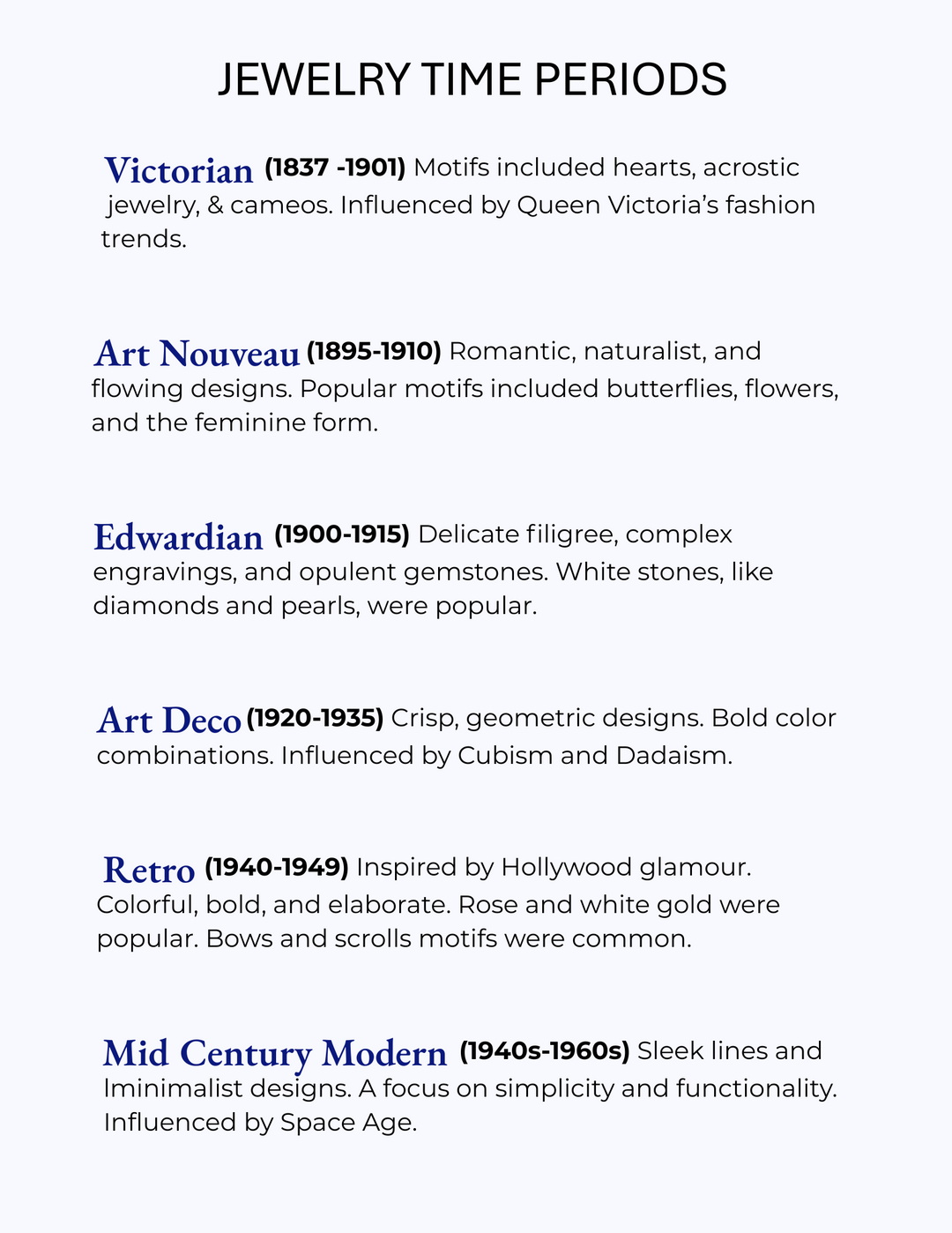 Chart detailing jewelry time periods with descriptions and influences.