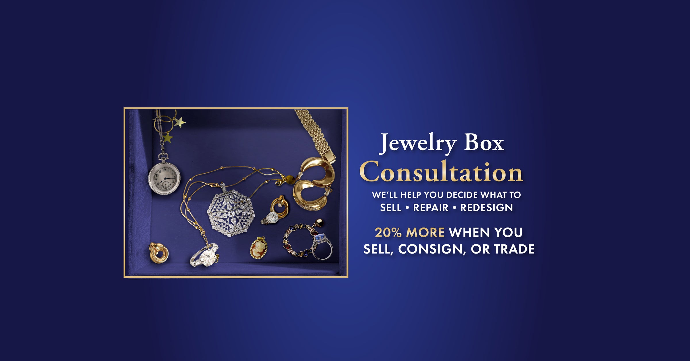 Jewelry box consultation advertisement with jewelry on a blue background