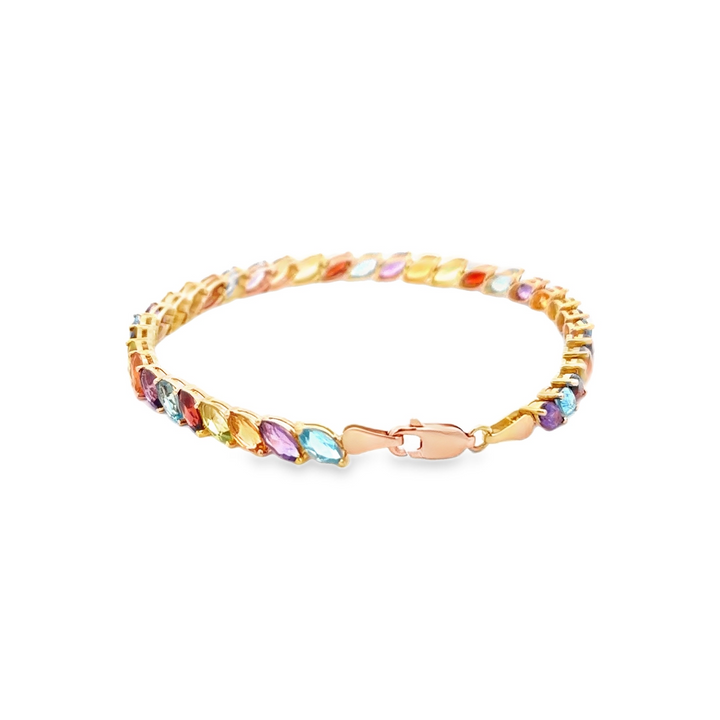 Estate 14K Yellow Gold Marquise Rainbow Gemstone Line Bracelet