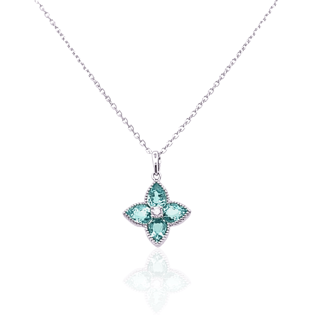 14K White Gold Marquise Blue Topaz & Diamond Flower Pendant Necklace