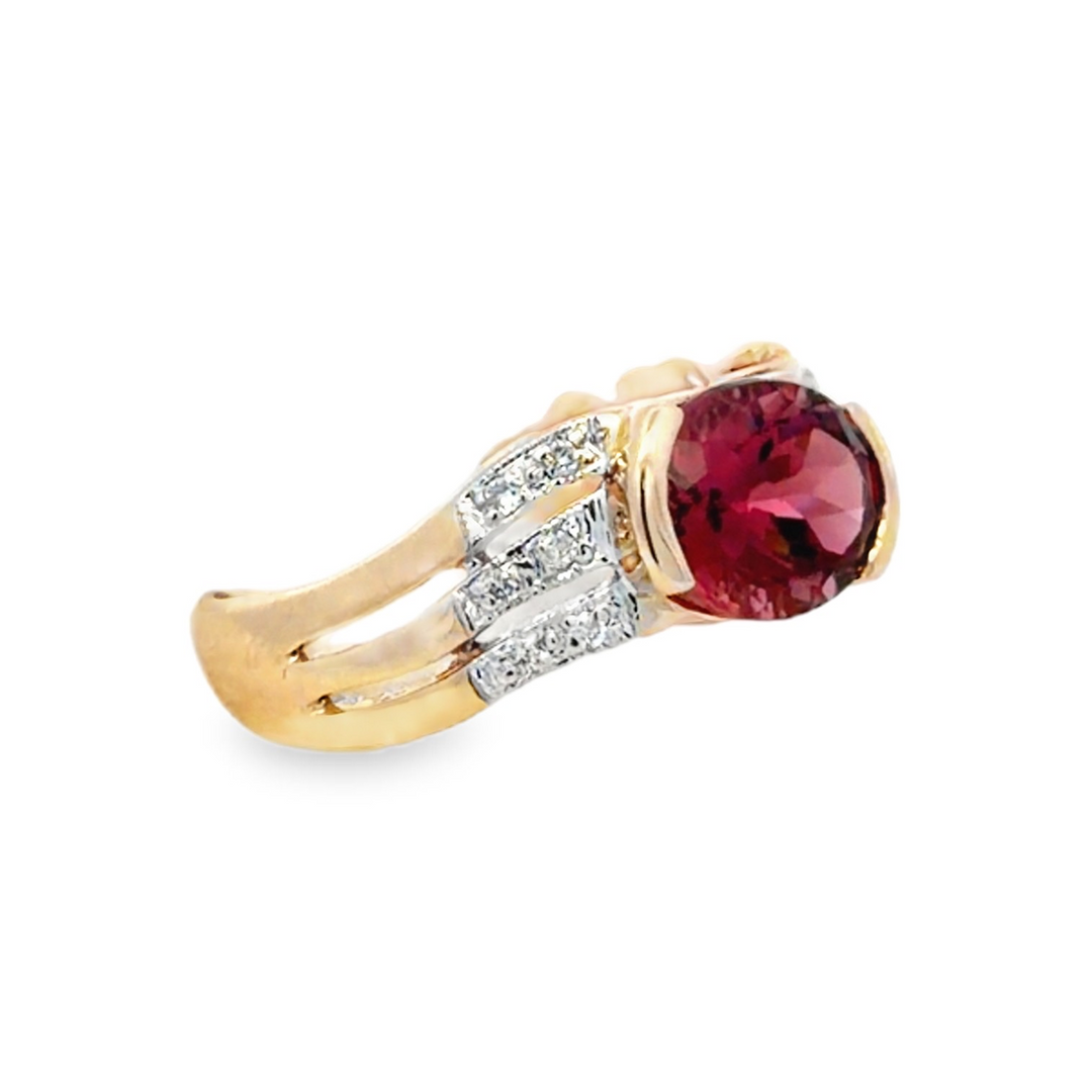 Estate 14K Yellow Gold 3.00CTW Oval Pink Tourmaline & Diamond Ring