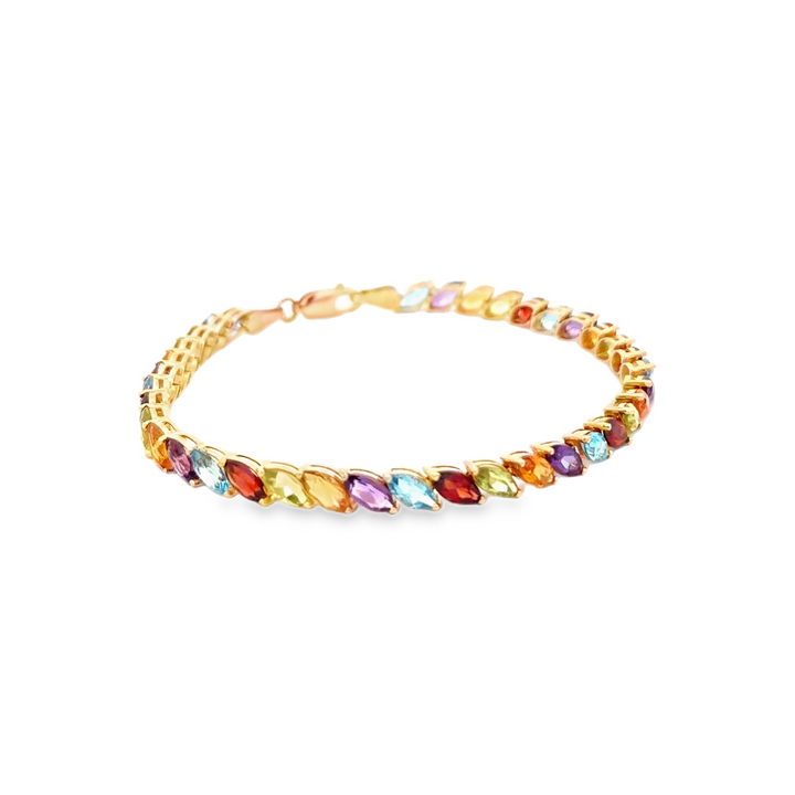 Estate 14K Yellow Gold Marquise Rainbow Gemstone Line Bracelet