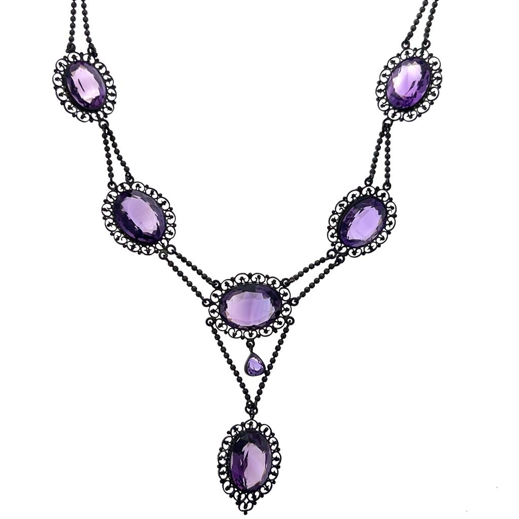 Antique Sterling Silver Amethyst Festoon Necklace - Victorian Gemstone Statement Piece