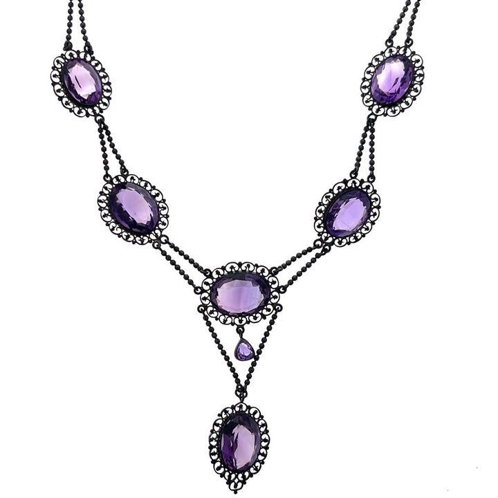 Antique Sterling Silver Amethyst Festoon Necklace - Victorian Gemstone Statement Piece
