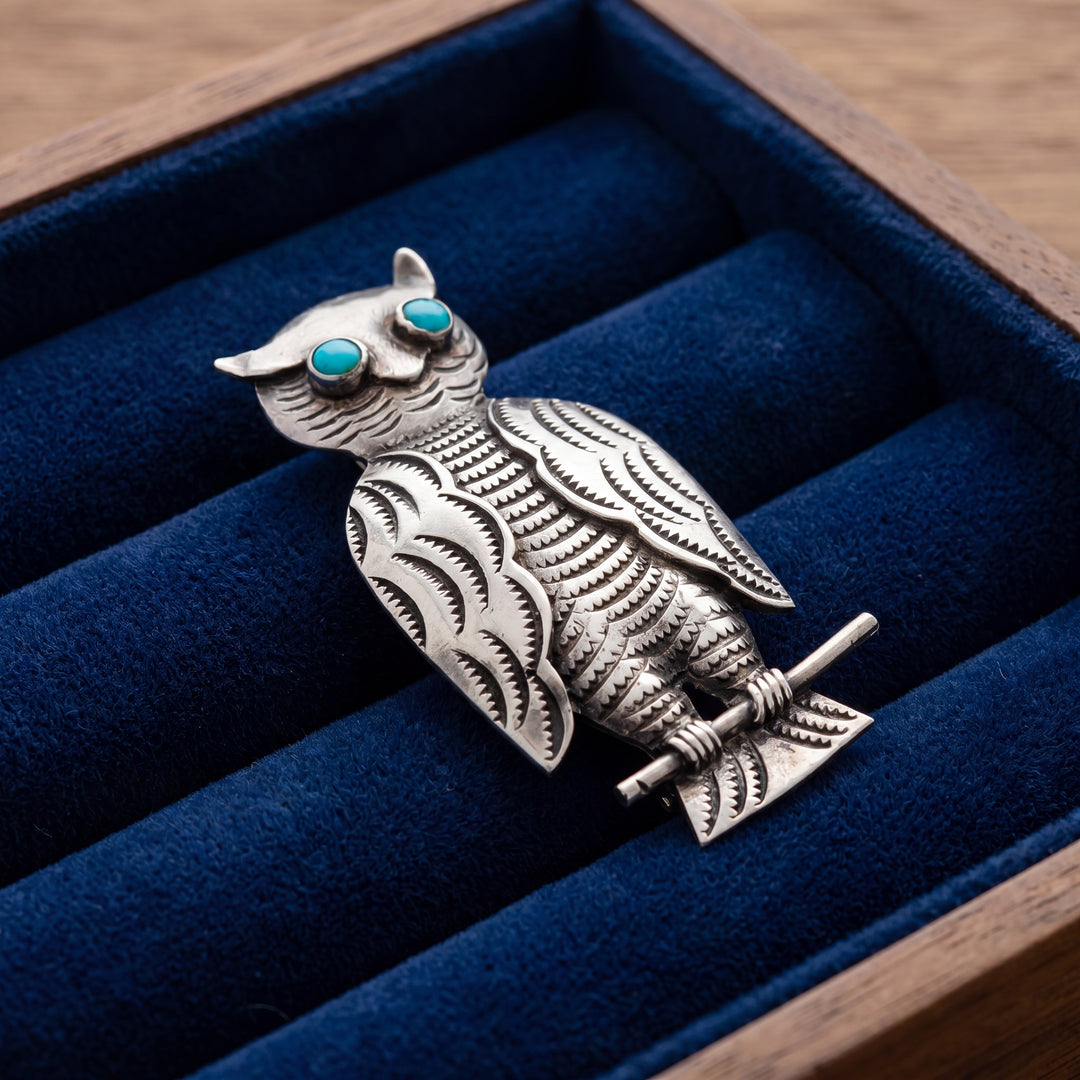 Estate Vintage Sterling Silver Turquoise Cabochon Owl on Branch Pin Brooch