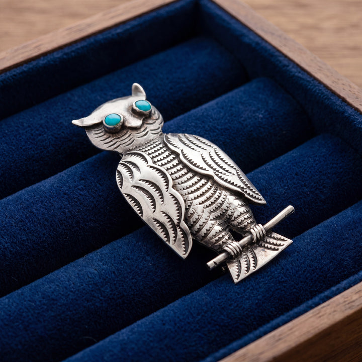 Estate Vintage Sterling Silver Turquoise Cabochon Owl on Branch Pin Brooch