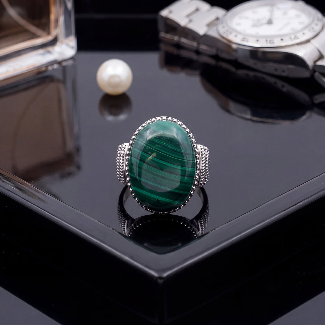Estate Sterling Silver Oval Malachite Solitaire Ring