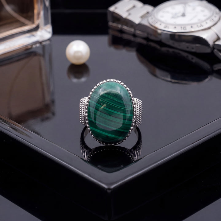 Estate Sterling Silver Oval Malachite Solitaire Ring