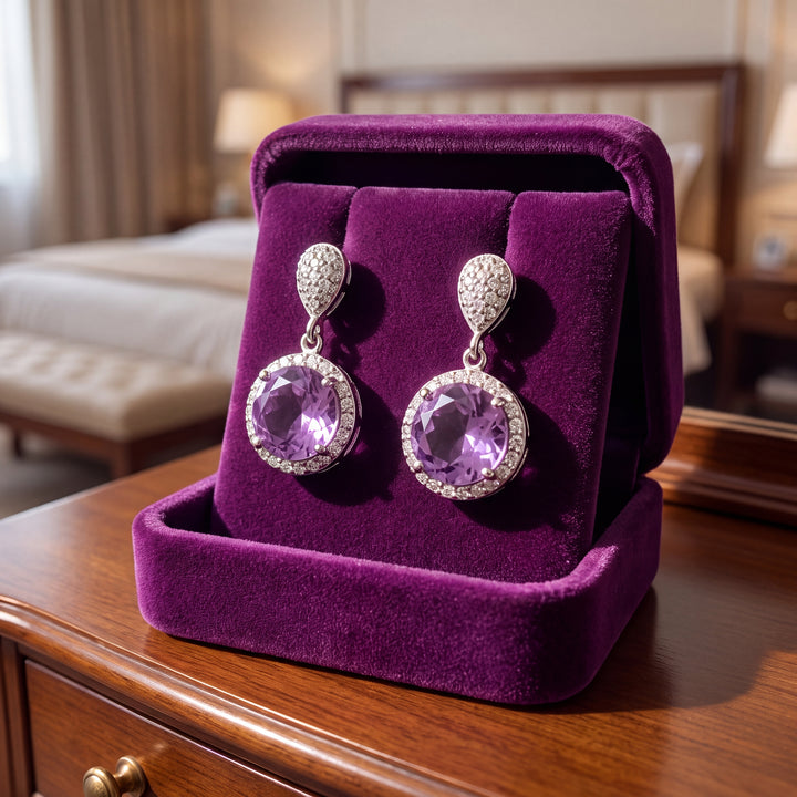 Estate Sterling Silver Briolette Amethyst & Diamond Drop Stud Earrings