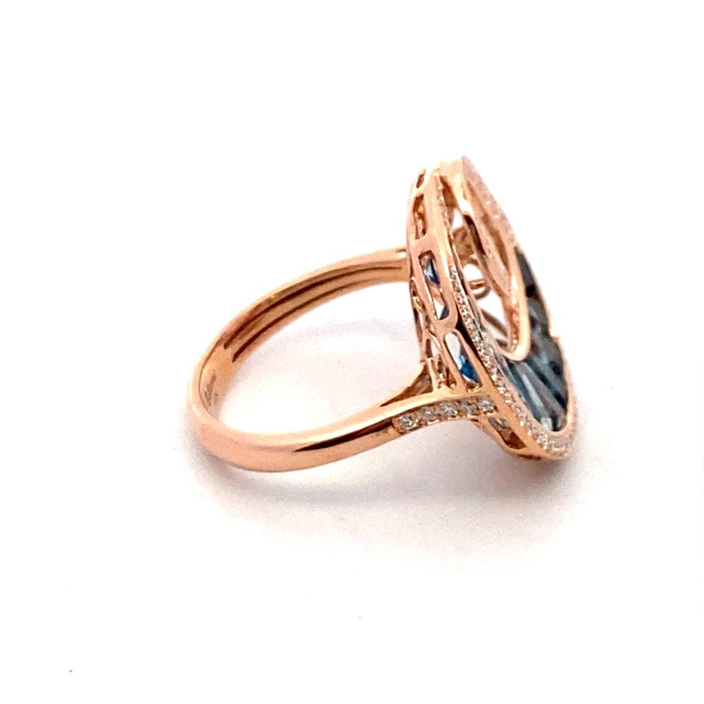 14K Rose Gold 3.56ctw Blue Topaz & Diamond Malibu Wave Ring by Bellarri