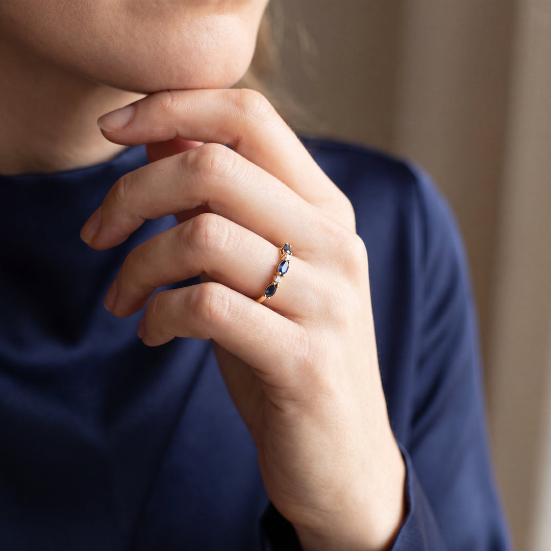 Estate 14K Yellow Gold Marquise Blue Sapphire & Diamond Band Ring
