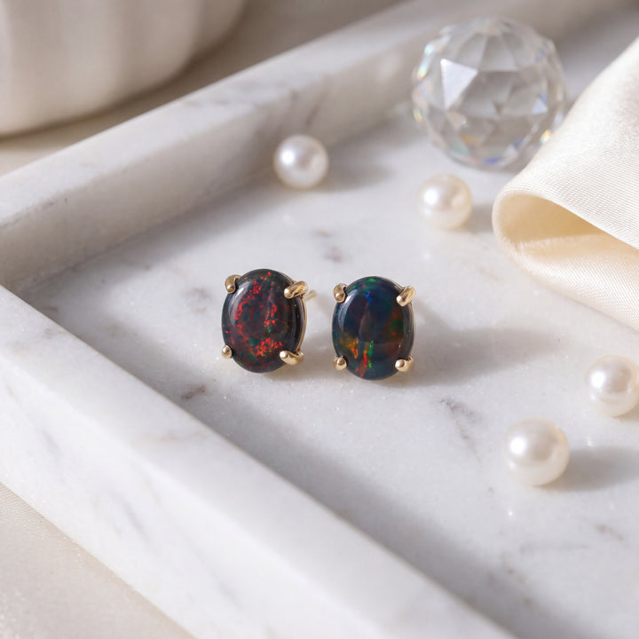 Estate 14K Yellow Gold 3.08CTW Oval Treated Black Opal Stud Earrings