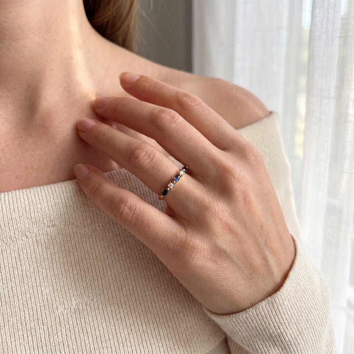 Estate 14K Yellow Gold Marquise Blue Sapphire & Diamond Band Ring