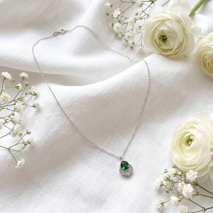 Estate Sterling Silver Mid-Century Oval Emerald & Diamond Pendant Necklace, 16-20"