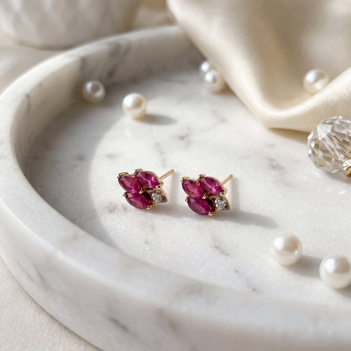 Estate 14K Yellow Gold Marquise Ruby & Diamond Stud Earrings