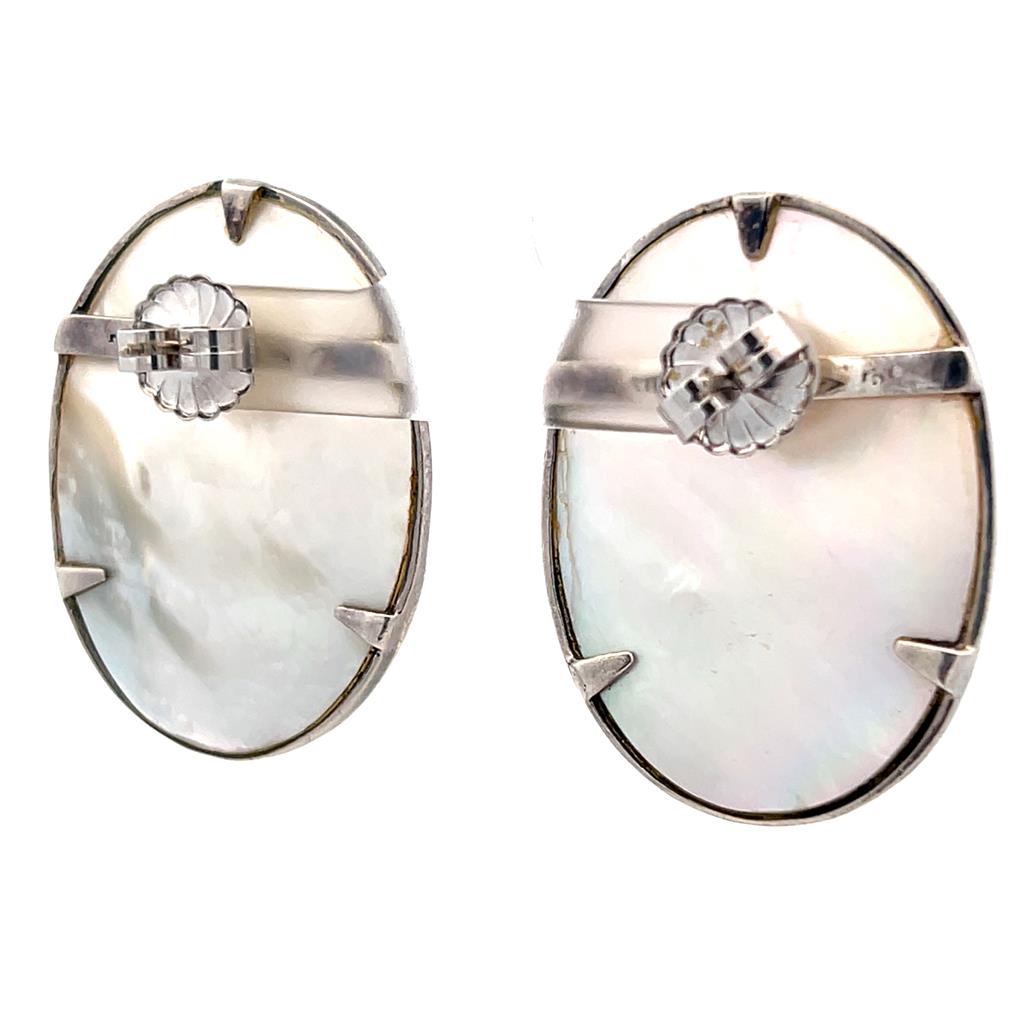 Estate Sterling Silver Mother of Pearl & Marcasite Oval Stud Earrings
